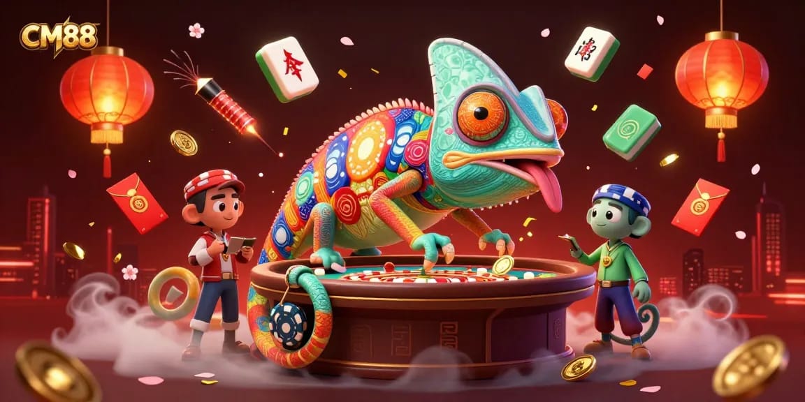 Experience immense fun with CM88, featuring a vibrant 3D chameleon and exciting casino elements.