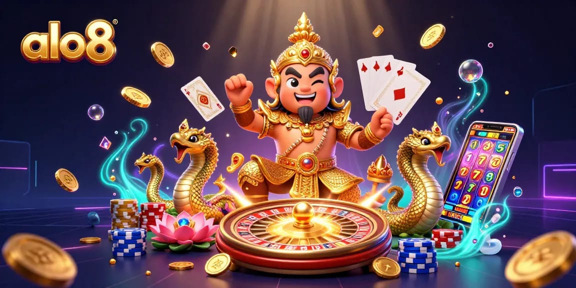 Experience excitement at alo8 with a vibrant illustration of Thai guardians in a casino scene.