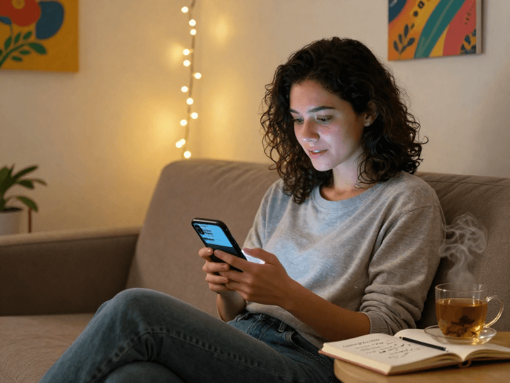 Engaging digital conversation through sex ai on a smartphone, cozy room atmosphere with tea and notes.