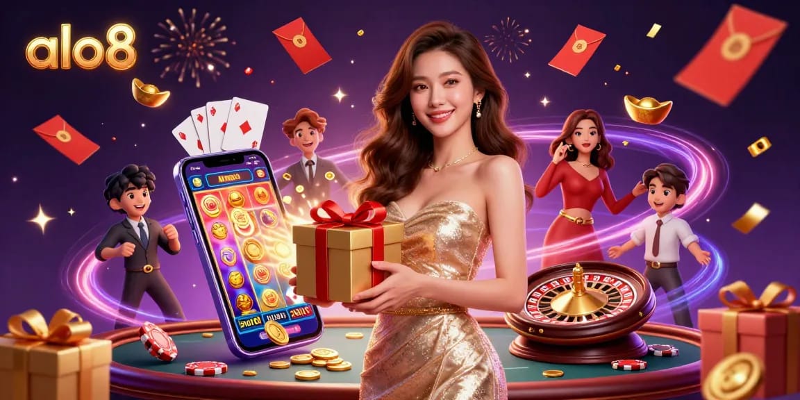Engage with exciting slots at alo8 featuring stunning visual elements of golden coins and festive casino decor.