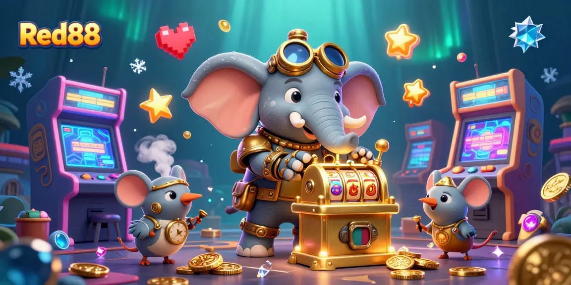 Experience thrilling gaming at Red88 with colorful slot machines and engaging characters in a vibrant casino scene.