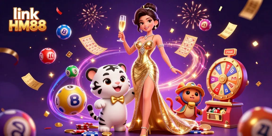 Join the excitement with link HM88, featuring a glamorous casino scene with a lively tiger cub and vibrant game elements.