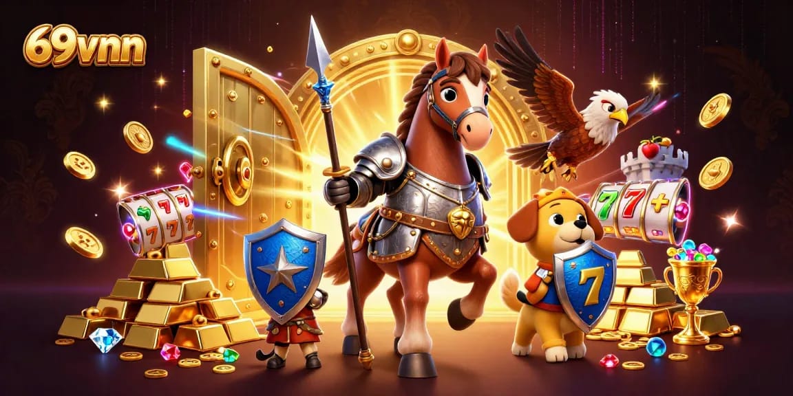Immerse in the thrilling world of 69vnn with a medieval-themed casino adventure illustration featuring characters and vibrant casino elements.