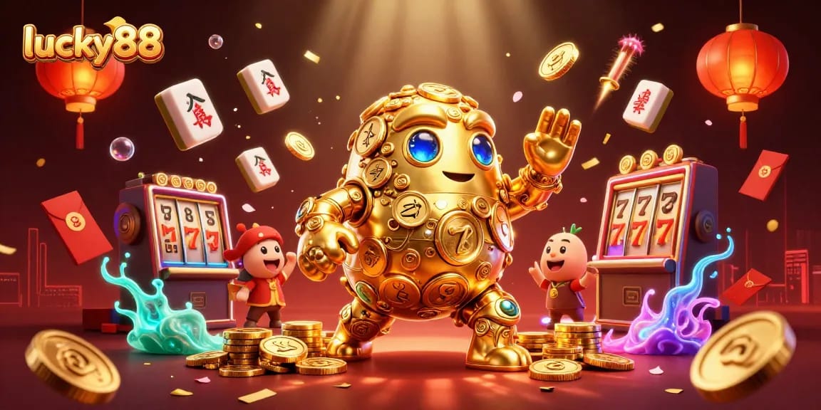Engage with lucky88's vibrant casino world, showcasing a golden golem and festive elements.
