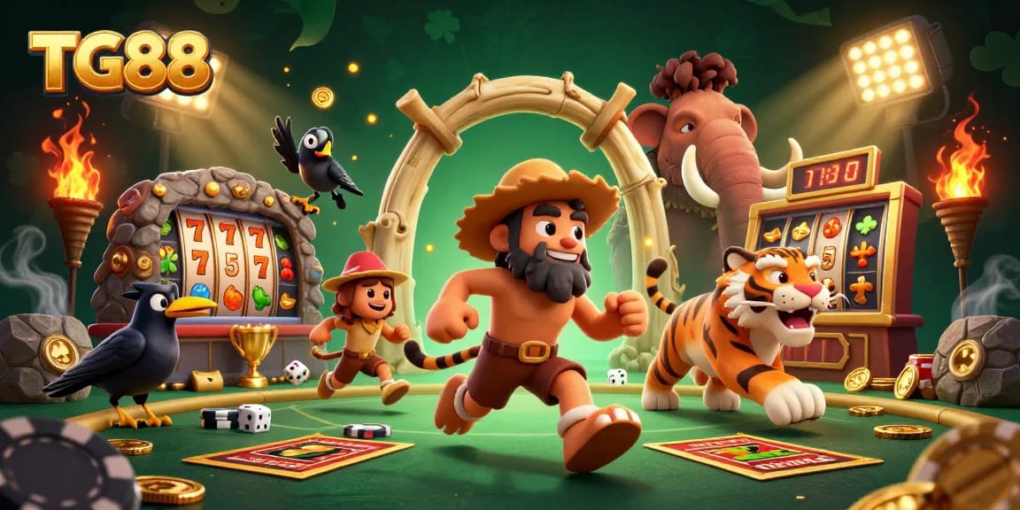 Experience thrilling gaming adventures at TG88 with a vibrant 3D casino scene featuring dynamic elements.