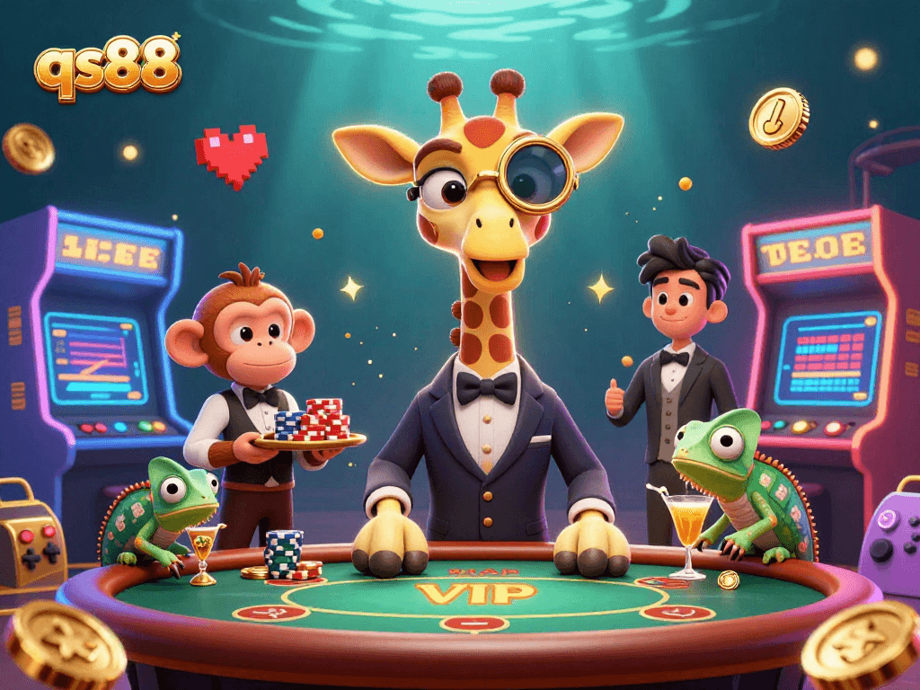 Experience winning with qs88's vibrant gambling-themed illustration showcasing casino characters in action.