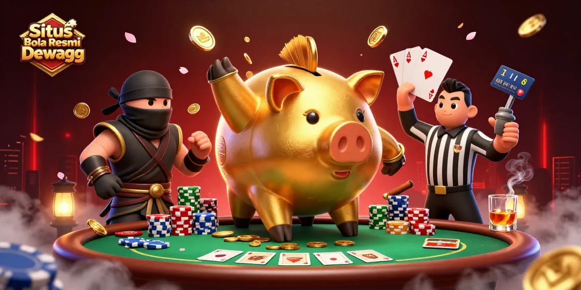 Situs Bola Resmi Dewagg showcases a playful casino scene with a sumo wrestler piggy bank, generating coins amidst vibrant poker elements.