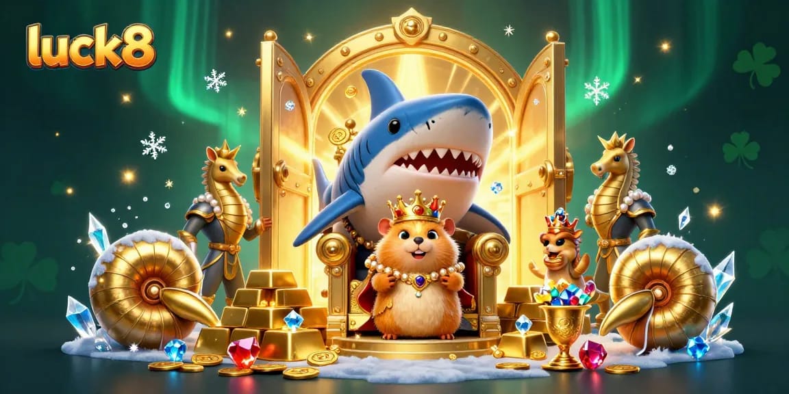 Spin and win at luck8 with a vibrant scene featuring a golden hamster king, seahorse guards, and treasure.