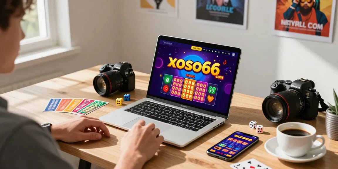 Interactive user engagement on xoso66 com lottery platform in a stylish home workspace, with vibrant atmosphere and gaming elements.