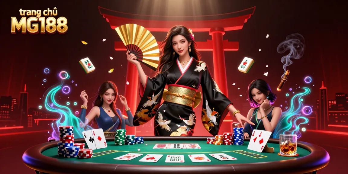 Engaging and elegant scene showcasing trang chủ MG188, a sophisticated Asian woman in a kimono amidst dynamic casino elements.
