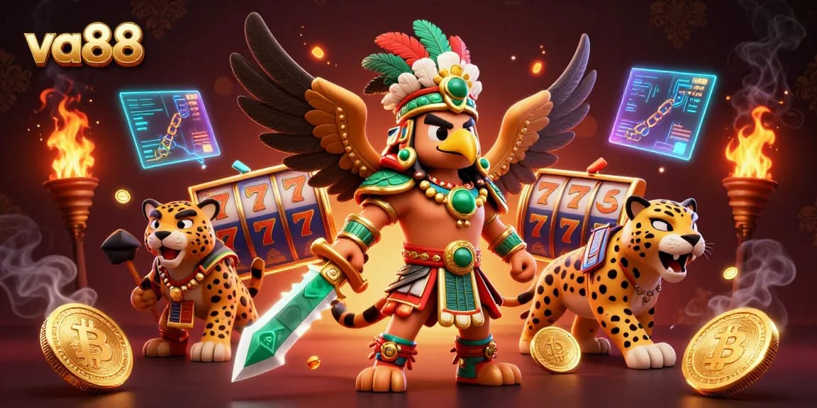 Engage with va88's thrilling slot games amidst dynamic 3D warriors and cryptocurrency elements.
