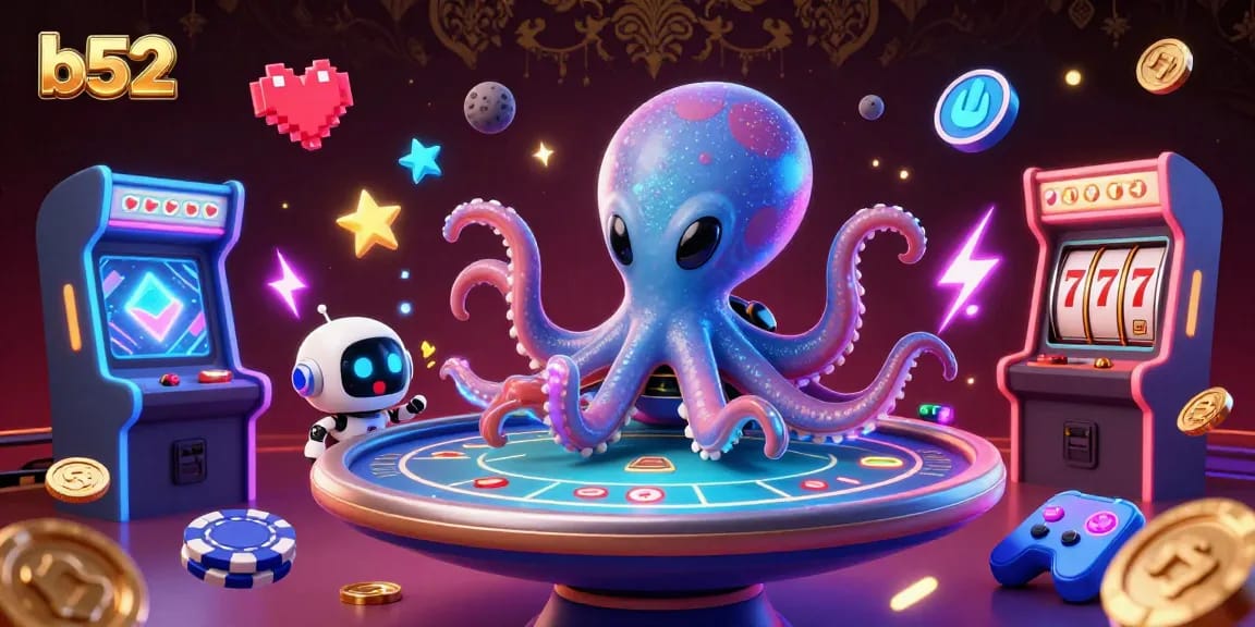 Bets and spins at b52 casino featuring a colorful octopus dealer and dynamic gaming elements.