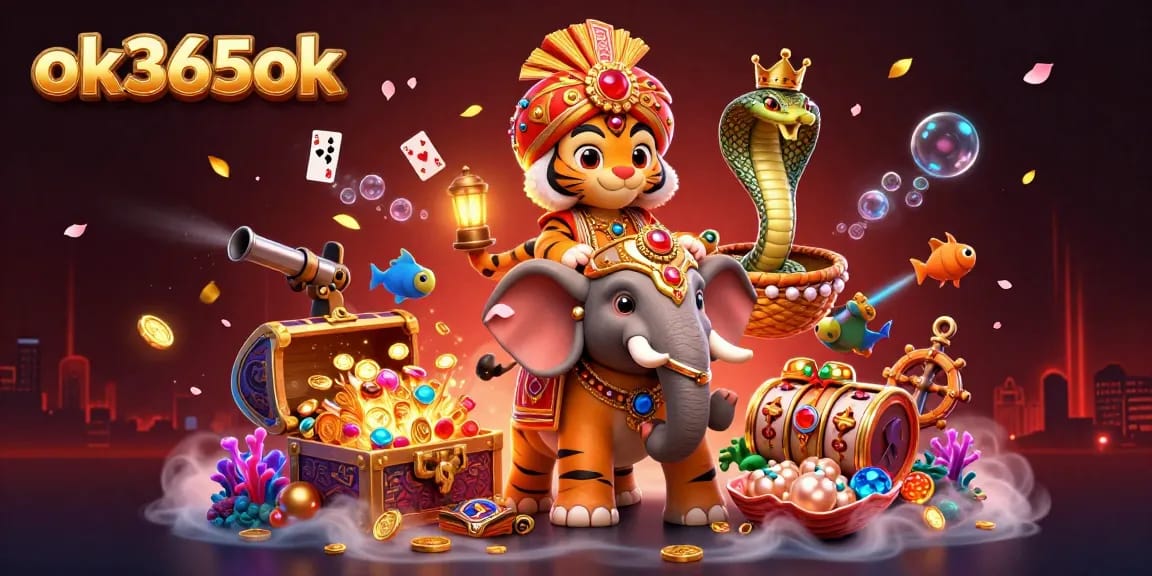 Experience the thrill of ok365ok with a dynamic 3D casino scene featuring a majestic tiger, elephant, and treasure.