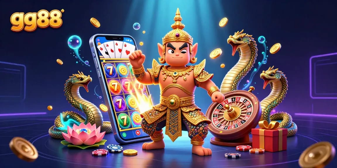 Experience the thrills of gaming at gg88 with a vibrant 3D scene filled with slot reels, cards, and golden gains.