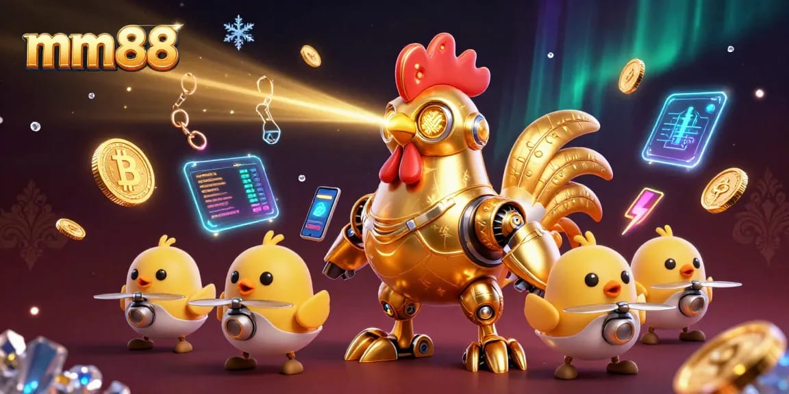 Engage with mm88's gambles as a golden rooster robot shoots lasers, surrounded by crypto elements.