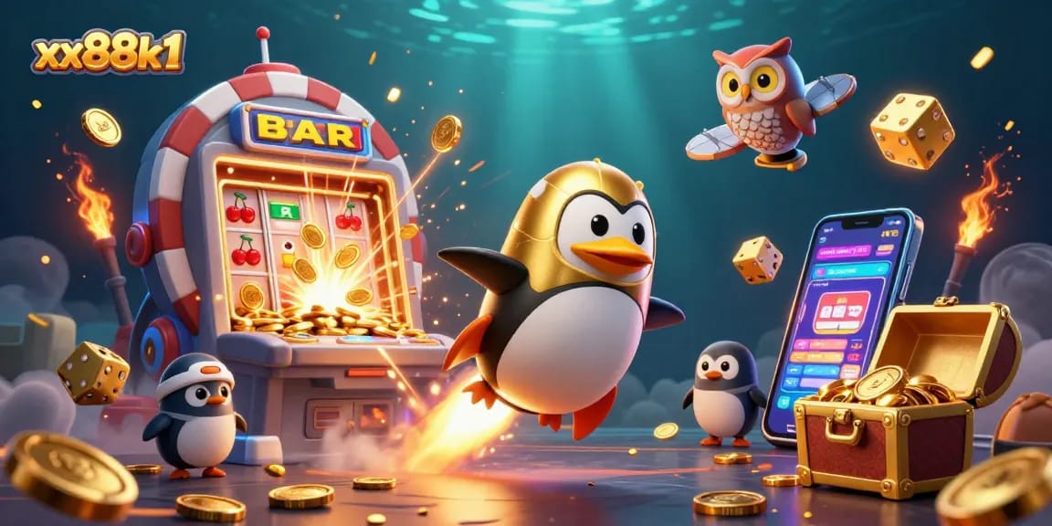 Spin and win with the gaming excitement at xx88k1 featuring a golden penguin and rich casino elements.