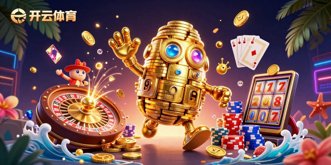 Experience thrilling action at 开云体育 with a dynamic 3D casino scene packed with golden golems and classic gaming elements.