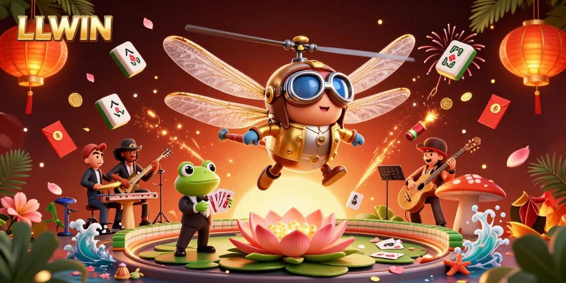 Experience thrilling gaming at LLWIN, depicted by a vivid dragonfly pilot and casino environment.
