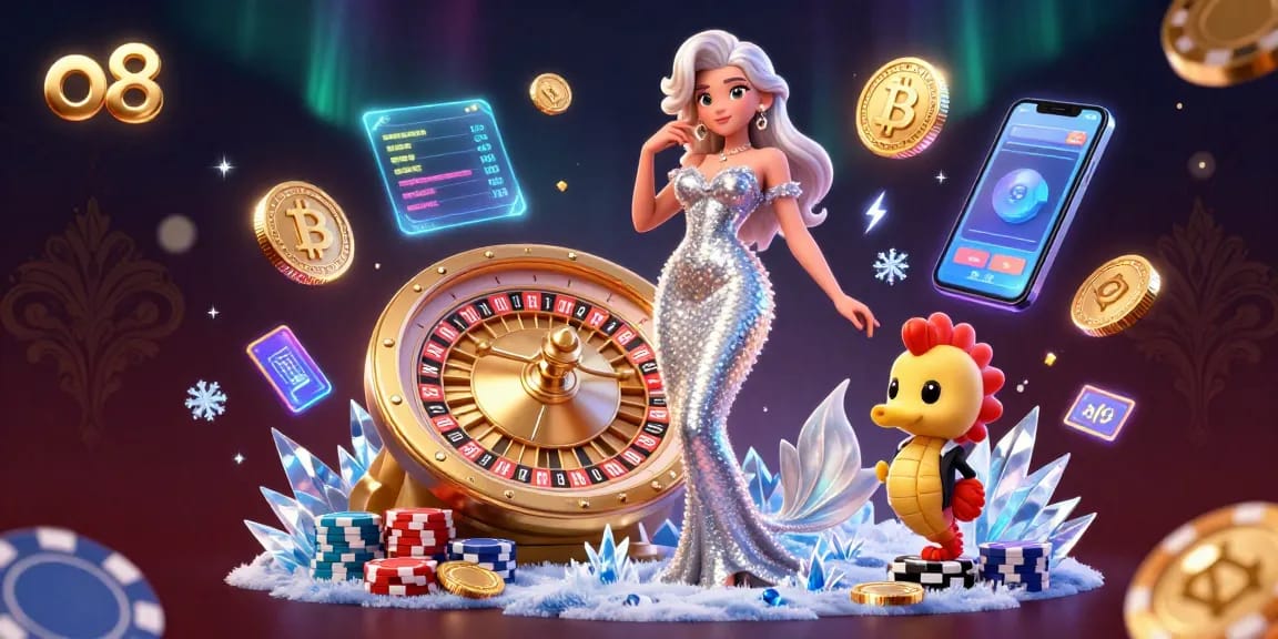 Experience thrilling casino action with O8's stunning 3D mermaid, roulette wheel, and crypto elements.