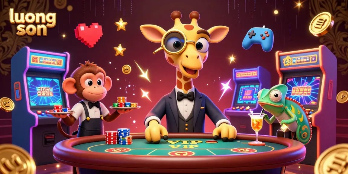 Experience thrilling gaming excitement with luong son as a high-roller giraffe plays poker at a lavish casino table.