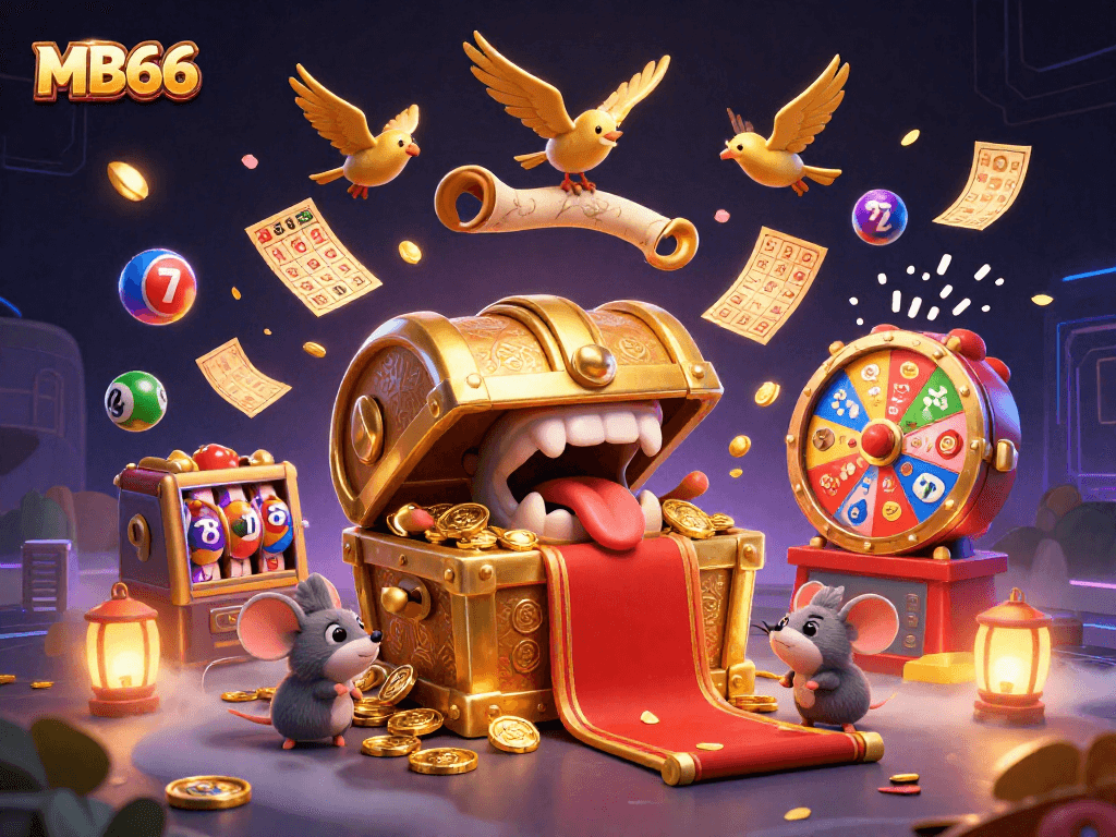 Engage with the thrilling MB66 gaming world featuring rich visuals of treasure, luck, and vibrant casino elements.