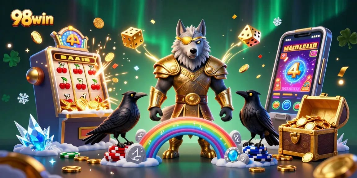 Win big at 98win with a vibrant illustration showcasing engaging casino games, slot machines, and thrilling jackpot features.