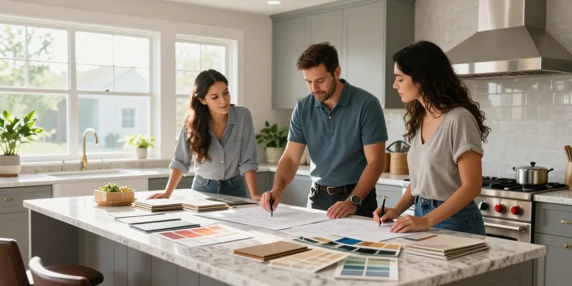 Kitchen remodeling in San Jose consultation with homeowner and contractor discussing design ideas at a bright, modern island.