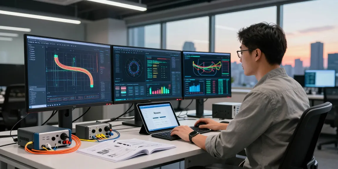 Engineer analyzing fiber optic fiber connectivity metrics in a modern tech workspace, surrounded by advanced equipment and network performance screens.