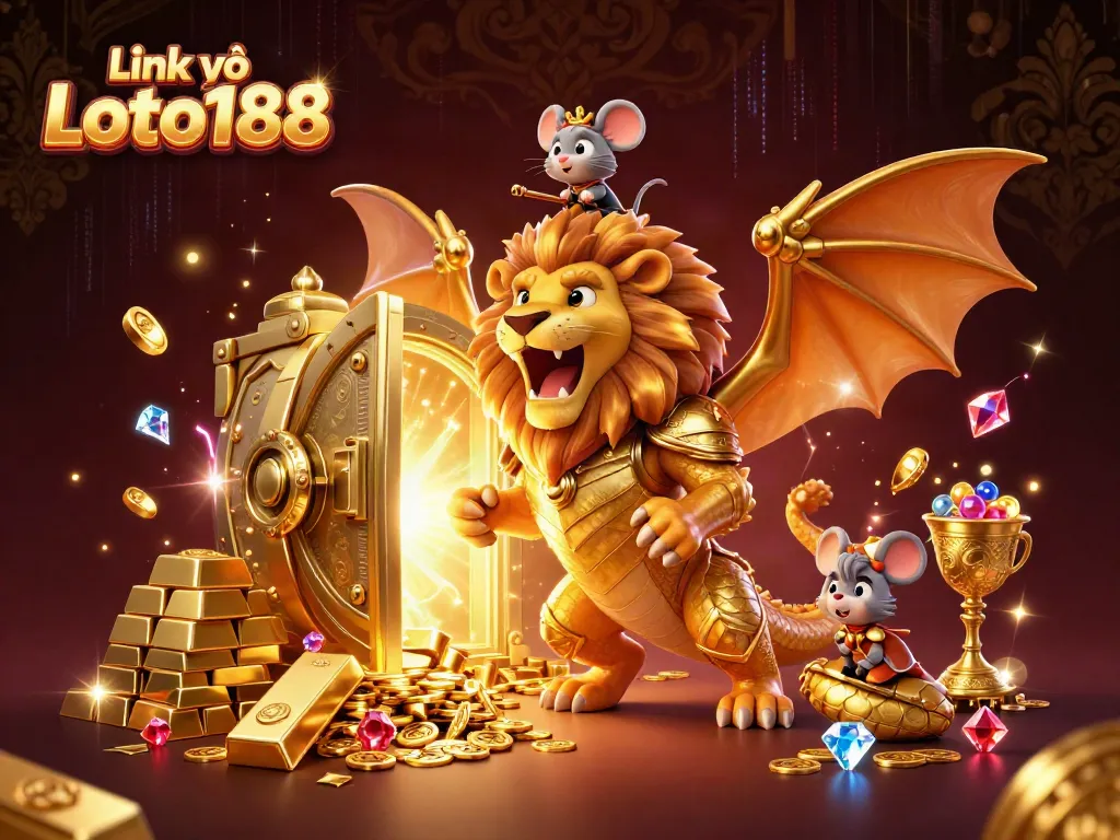 Experience the thrill of winning at Link vào Loto188 with golden treasures and a fantasy chimera.