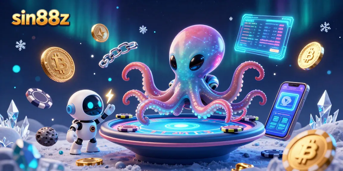 Engage in thrilling games at sin88z with a cartoon octopus and futuristic poker table.