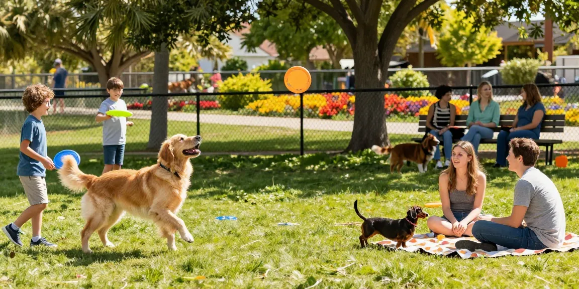 Joyful dog park scene showcasing the cost of having a dog through families enjoying playtime with their pets in a sunny outdoor setting.