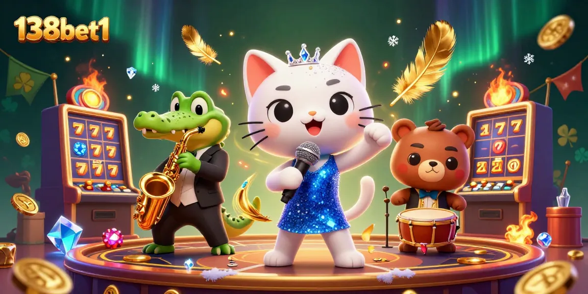 A dynamic 3D scene featuring 138bet1's jazzy characters performing in a vibrant casino, surrounded by slot machines and gold coins.