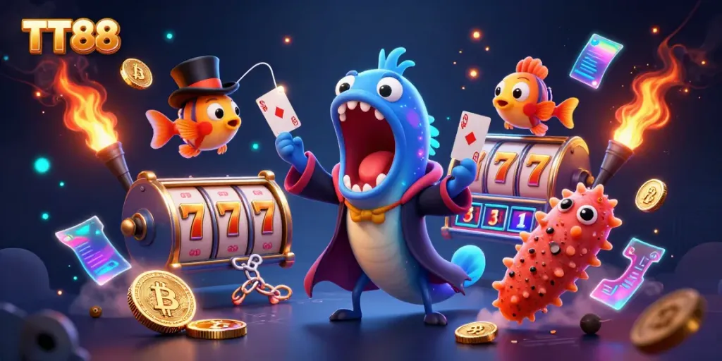 TT88 showcases a vibrant casino scene with unique 3D characters performing magic tricks amidst coins and gaming elements.