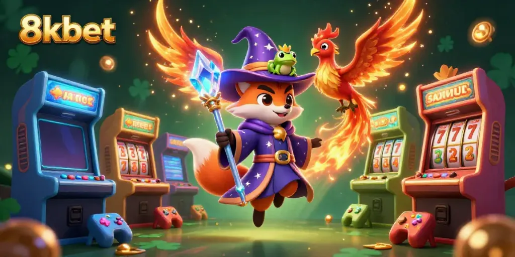 Experience the excitement of 8xbet with a vibrant 3D casino-themed illustration showcasing mystical characters and classic gaming elements.