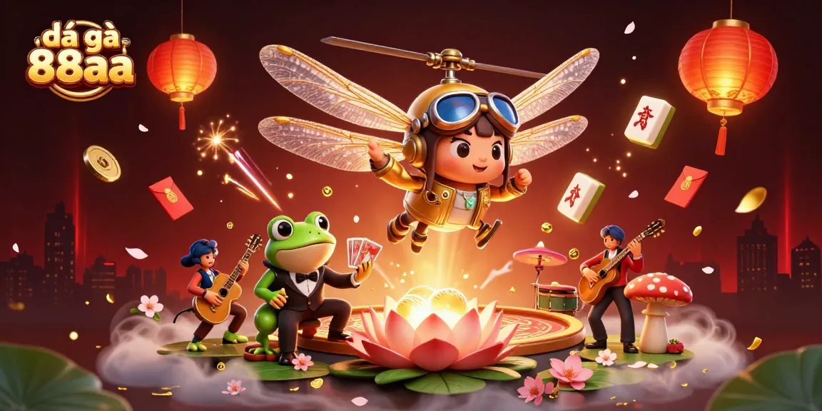 Experience the thrill of đá gà 88aa as a dragonfly pilot hovers above a vibrant lily pad casino with dynamic gaming elements.