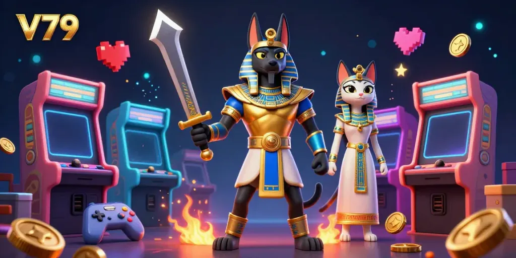 Experience thrilling gaming at V79 featuring Anubis and Bastet in a vibrant casino setting.