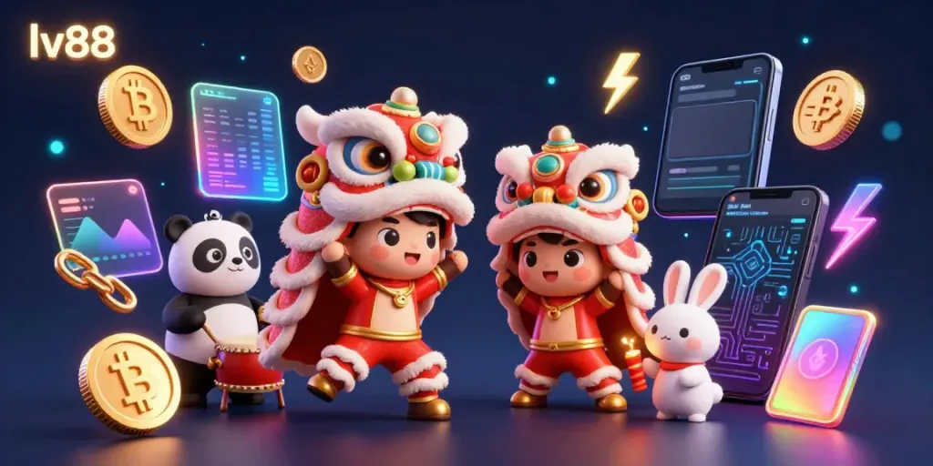 Engage with lv88's dynamic casino experience featuring a vibrant lion dance and crypto elements.