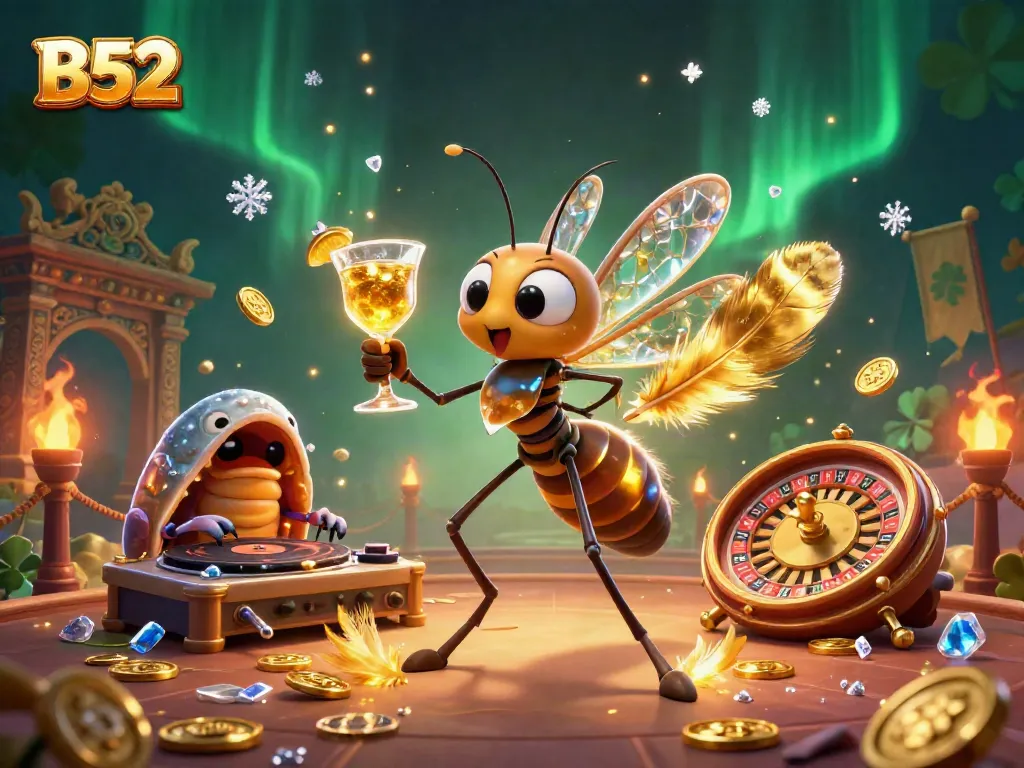 Experience excitement at B52 with a 3D frozen mosquito mascot, roulette wheel, and vibrant casino elements.