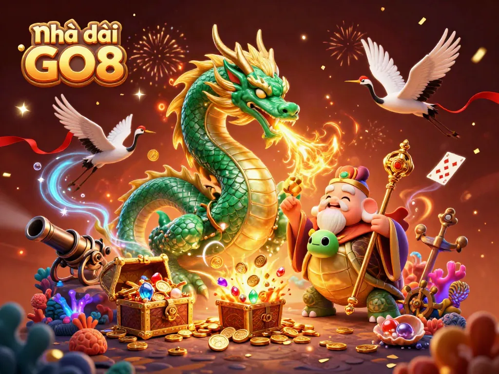 Engage with the dynamic scene of Nhà cái GO8 featuring a jade dragon and lucky elements in a colorful casino illustration.