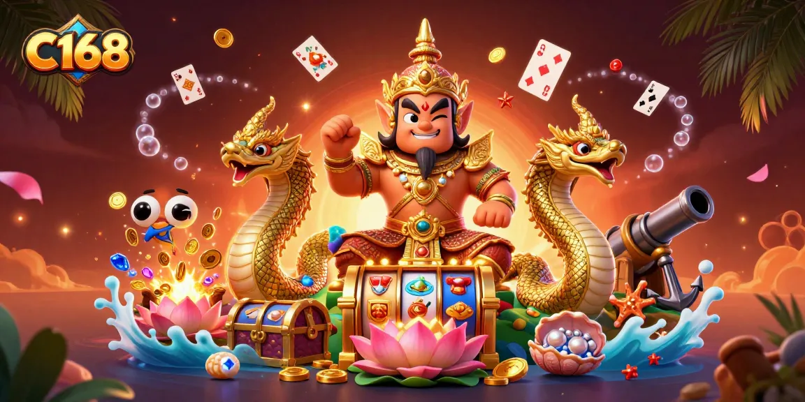 C168 players engage in thrilling casino adventures surrounded by vibrant slot reels and underwater treasures.