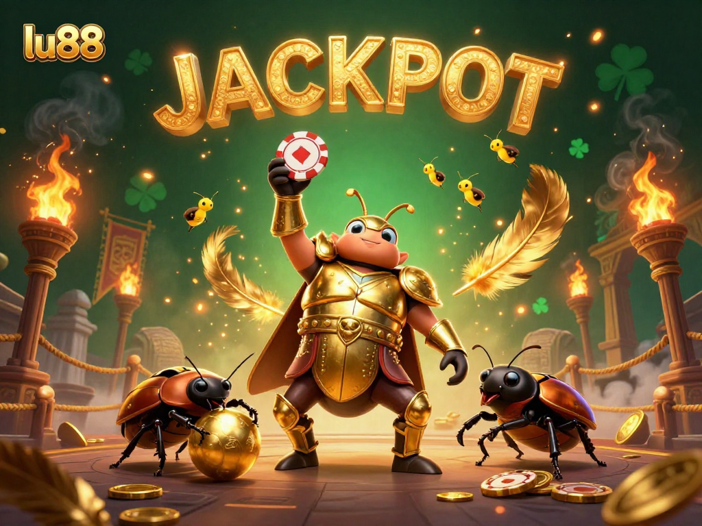 Experience the thrilling lu88 victory with 3D beetles in a vibrant casino scene, winning poker chips and jackpots.