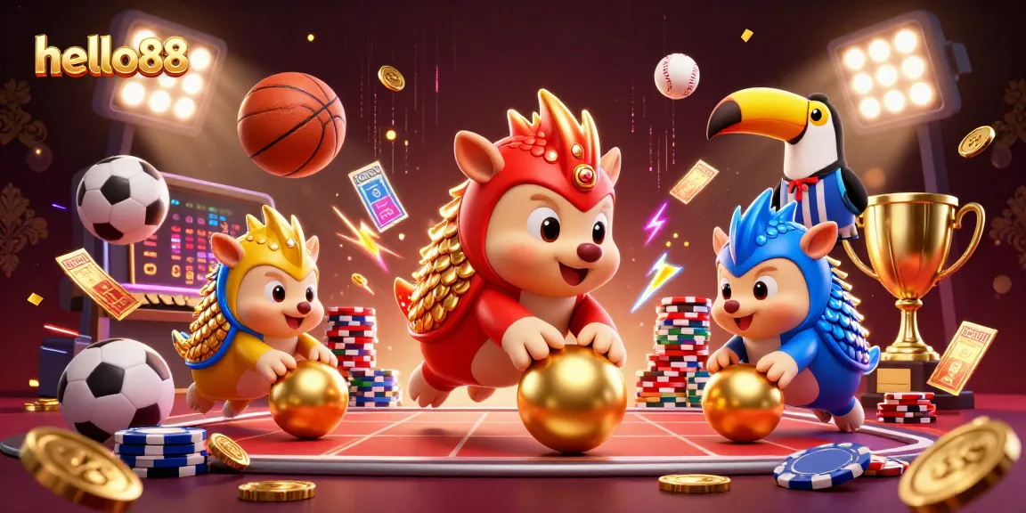 Experience thrilling action with hello88's vibrant casino world featuring playful pangolins and dynamic sports elements.