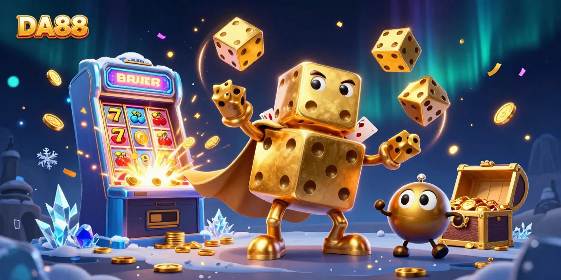 DA88 showcases a vibrant casino scene, featuring golden dice juggling, a slot machine bursting with winnings, and playful casino elements.