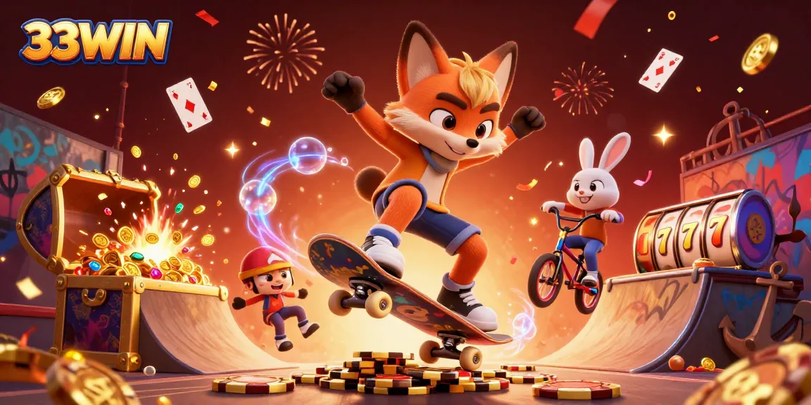 33WIN players celebrate big wins with a skateboarder fox and BMX rabbit in a vibrant casino scene.