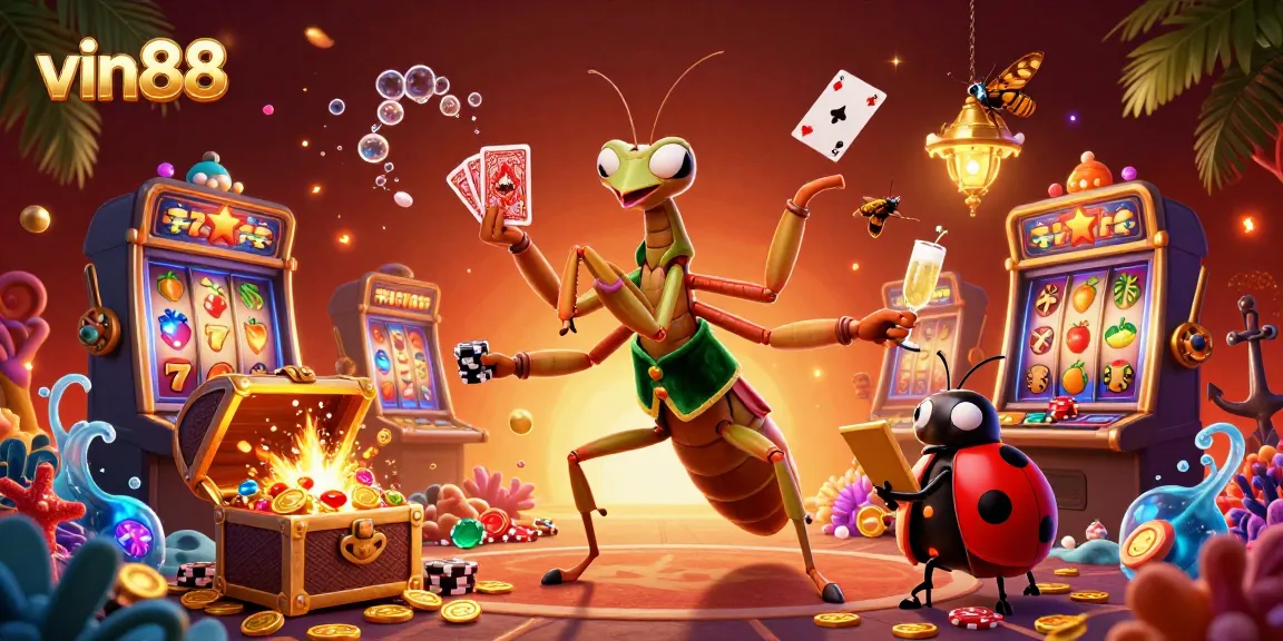 Experience thrilling slots with vin88's animated characters in a vibrant casino scene.