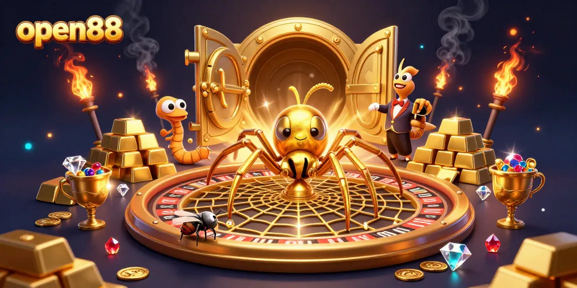 Engage with open88 at an exhilarating digital casino featuring a golden casino spider and vibrant game elements.