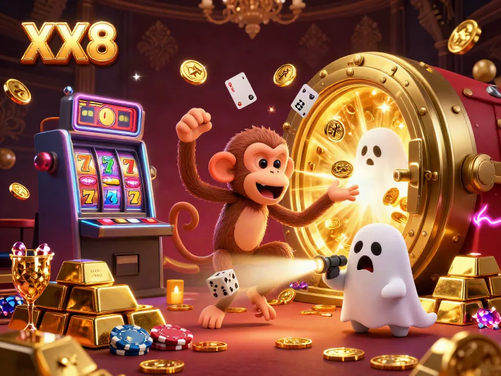 Engage with the XX8 casino experience featuring a playful monkey and ghost-hunter puppy among vibrant slot machines.