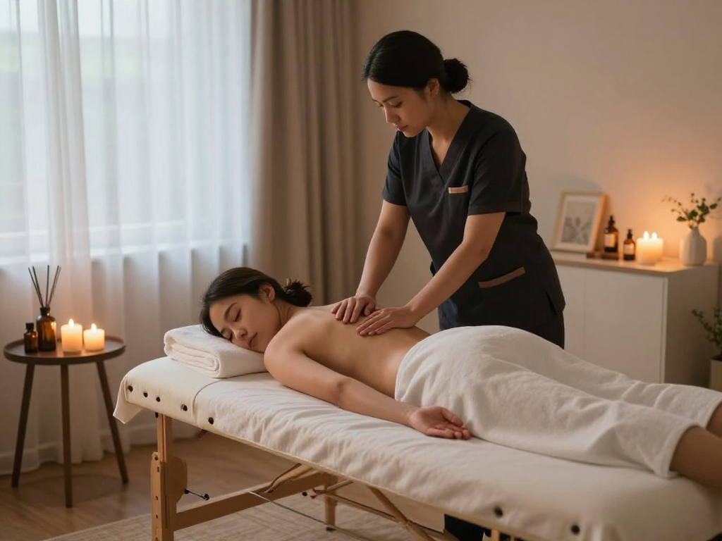 Relaxation during 출장안마 with a professional therapist in a serene home setting.