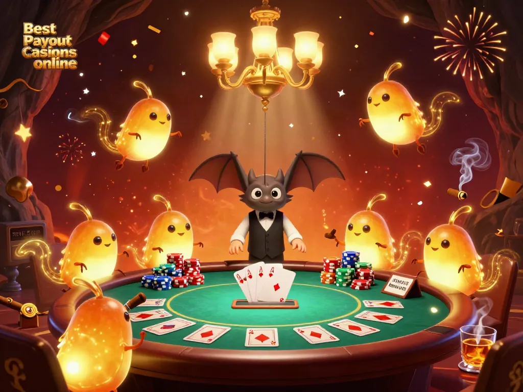 Experience the excitement at the best payout casinos online with this lively scene featuring glowworms and a bat dealer.