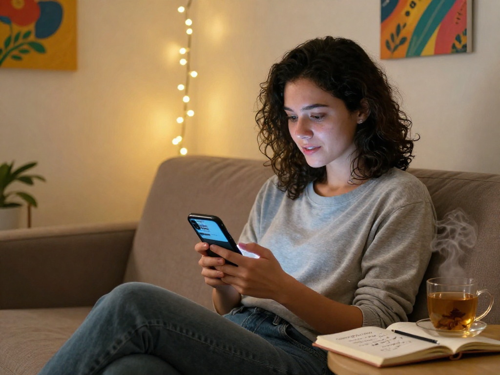 Engaging digital conversation through sex ai on a smartphone, cozy room atmosphere with tea and notes.